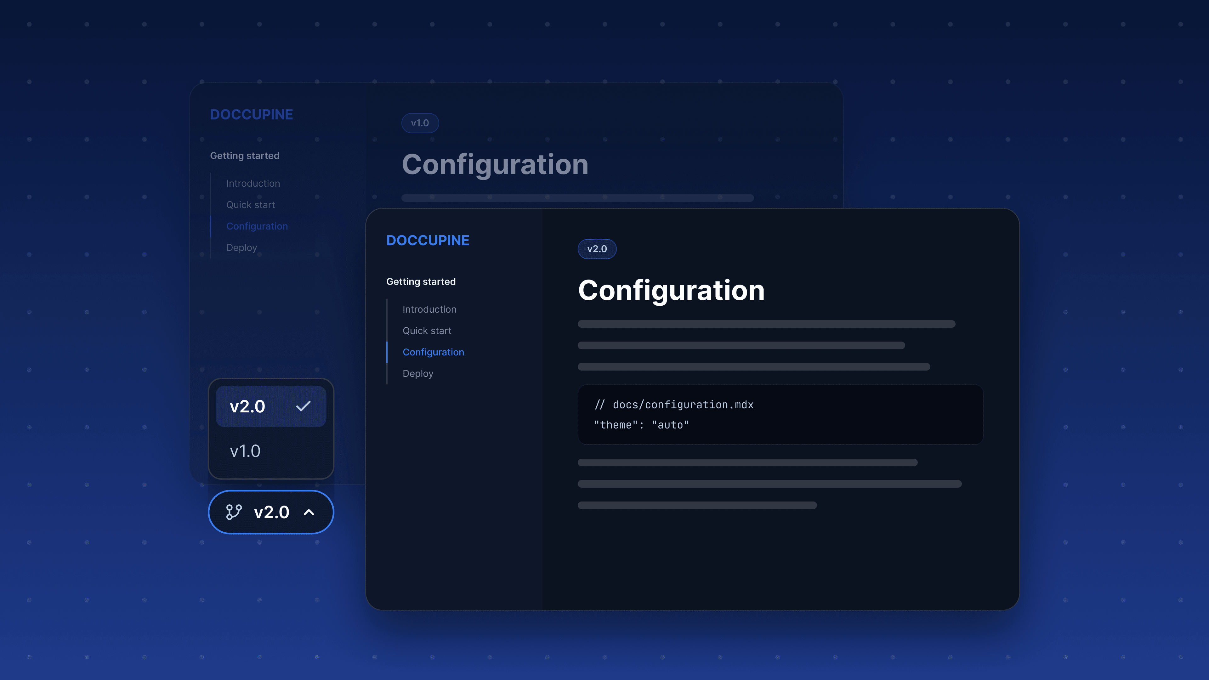 Two stacked documentation pages, the front one labeled v2.0 and a slightly faded one behind it labeled v1.0, with a small dropdown switcher between them