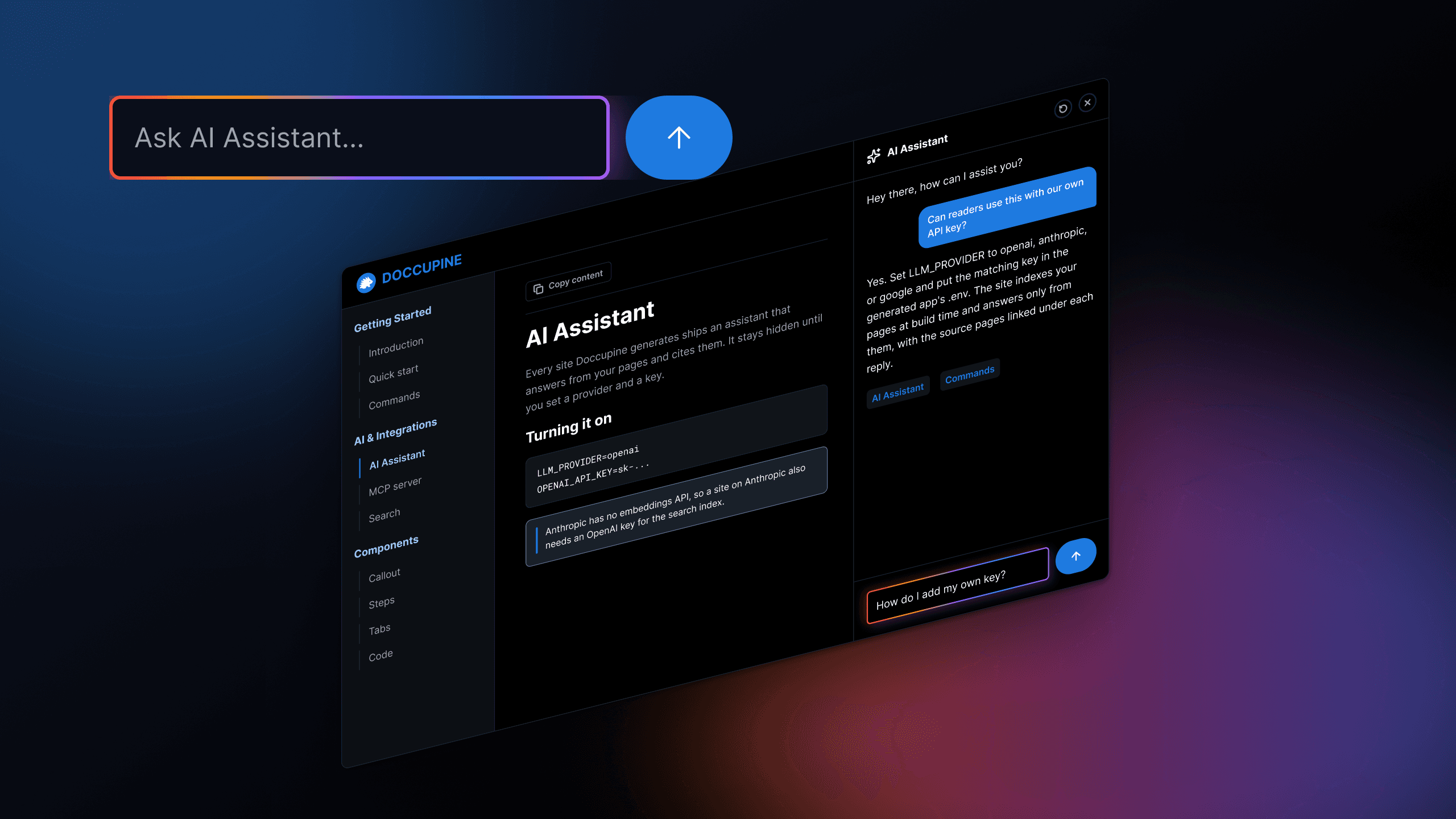 Left: a documentation page with a chat panel open, an answer coming in, and two source links under it. Right: the same page with no chat button in the header at all