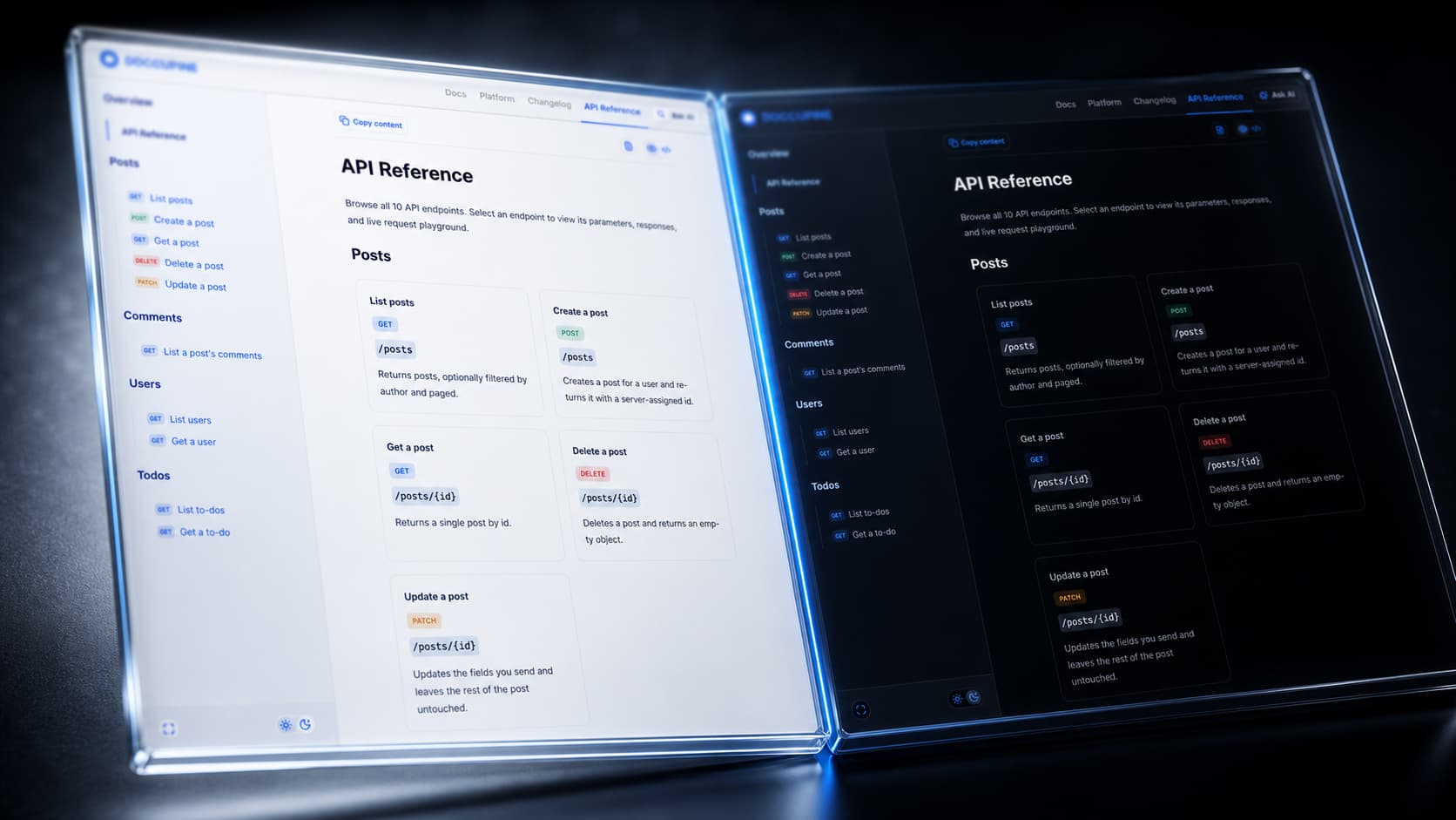 Doccupine API Reference Mockups, light and dark mode
